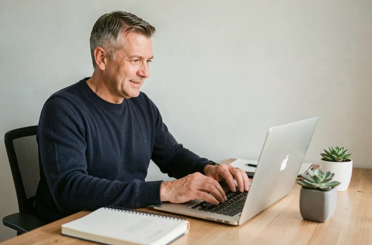 Homme envoyant un message en ligne depuis son bureau à domicile pour contacter un centre spécialisé