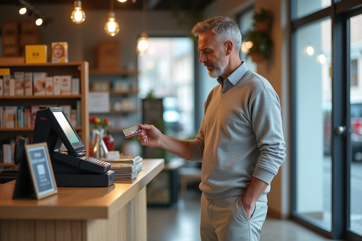 Homme utilisant un terminal de paiement en magasin