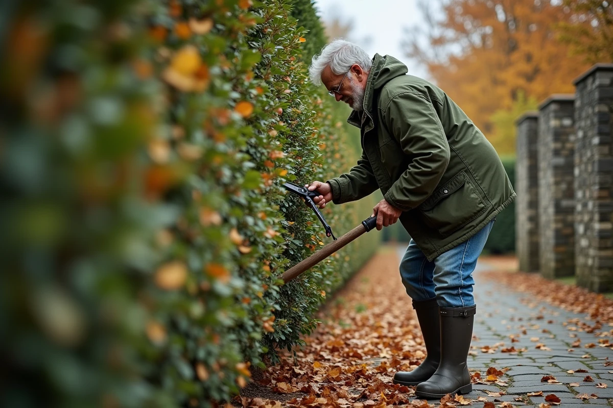 Homme taillant une haie dans un jardin à l'ancienne en automne avec une pierre murale en arrière-plan