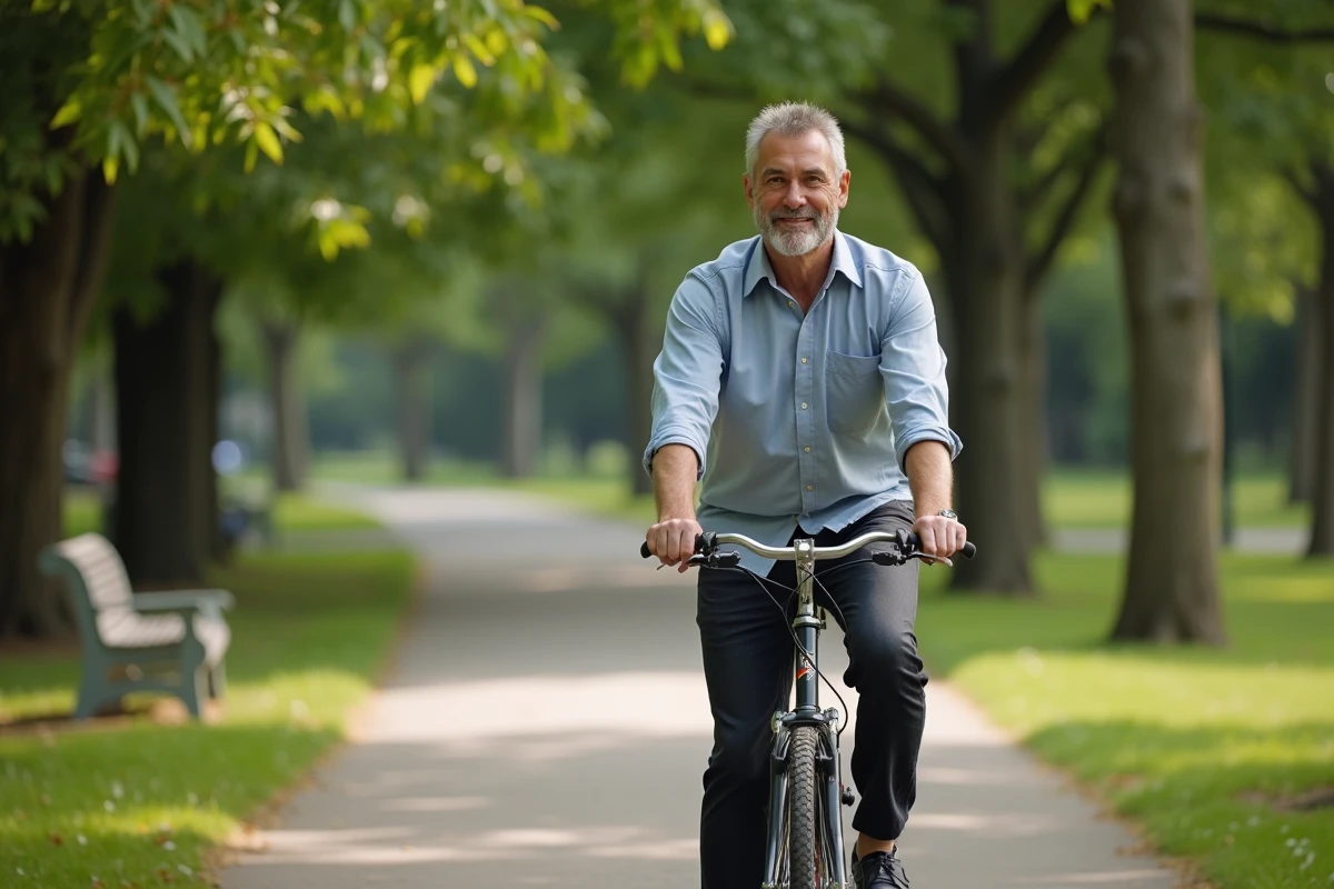 Homme en vélo dans un parc calme et verdoyant