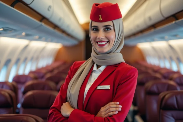 Jeune hôtesse de l'air souriante en uniforme dans la cabine