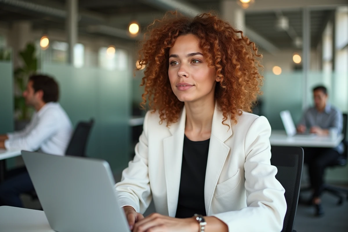 Jeune femme en espace de coworking affichant les numéros de semaine sur Google Agenda depuis son ordinateur portable
