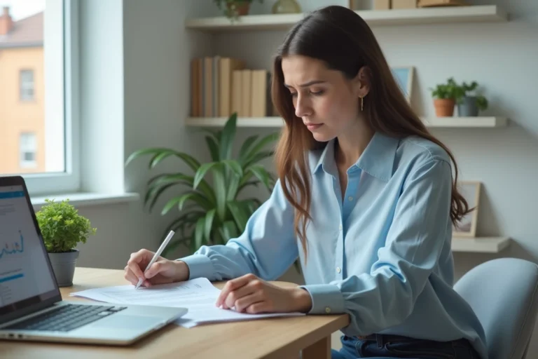 Jeune femme consultant des documents officiels pour la garantie Visale à son bureau à domicile