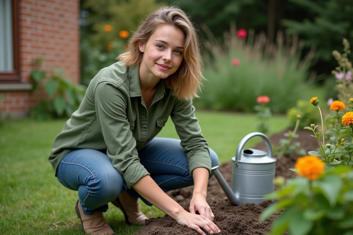 Jeune femme arrachant des mauvaises herbes dans un jardin