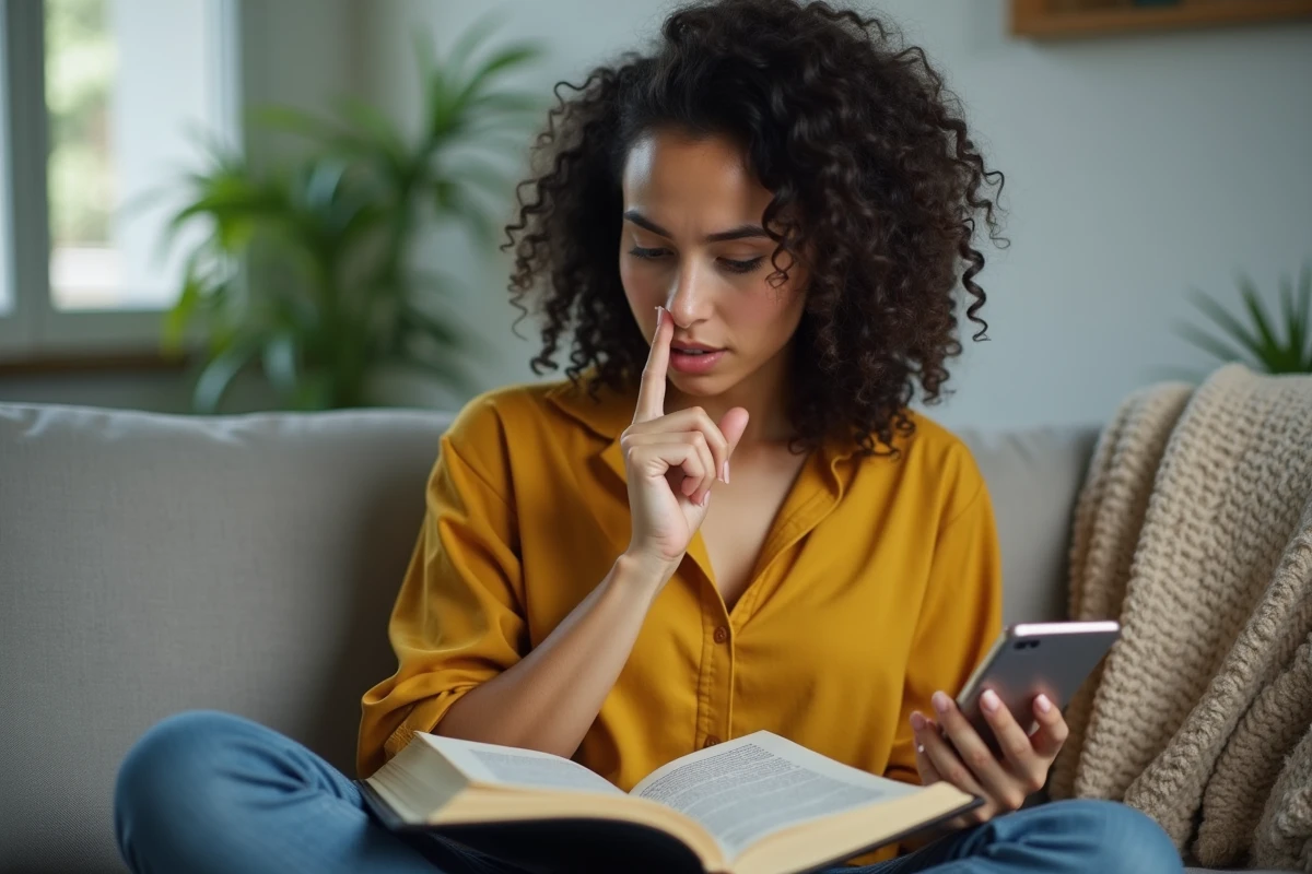 Jeune femme bouclée lisant attentivement un livre épais sur un canapé et cherchant la signification d'un mot inconnu
