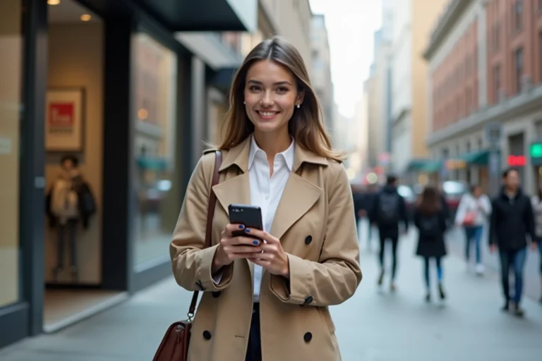 Jeune femme souriante avec trench et smartphone en ville