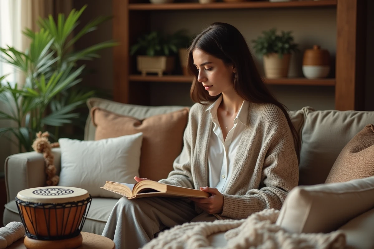Jeune femme contemplant un livre de symboles spirituels