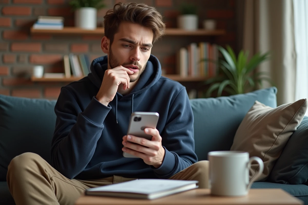Jeune homme consultant sa demande de garantie Visale sur son smartphone depuis chez lui