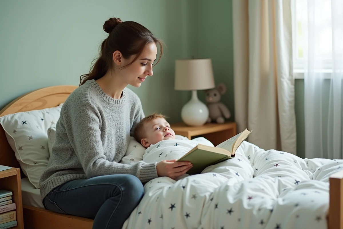Jeune femme lisant un livre illustré à un enfant installé dans son lit avant de dormir dans une chambre apaisante