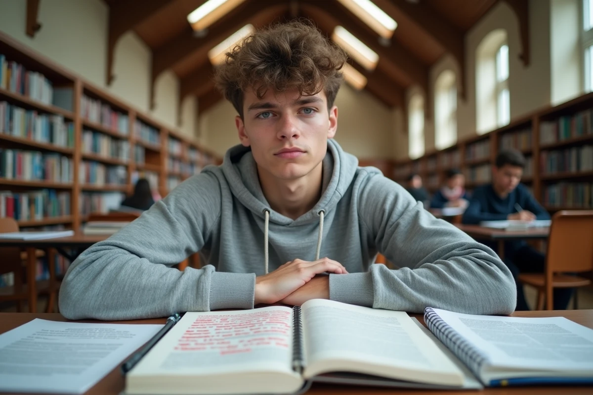 Lycéen en classe de première révisant un exemple de commentaire composé corrigé dans une bibliothèque scolaire