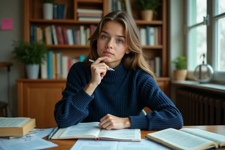 Lycéenne en terminale annotant un texte littéraire pour préparer un commentaire composé au bac