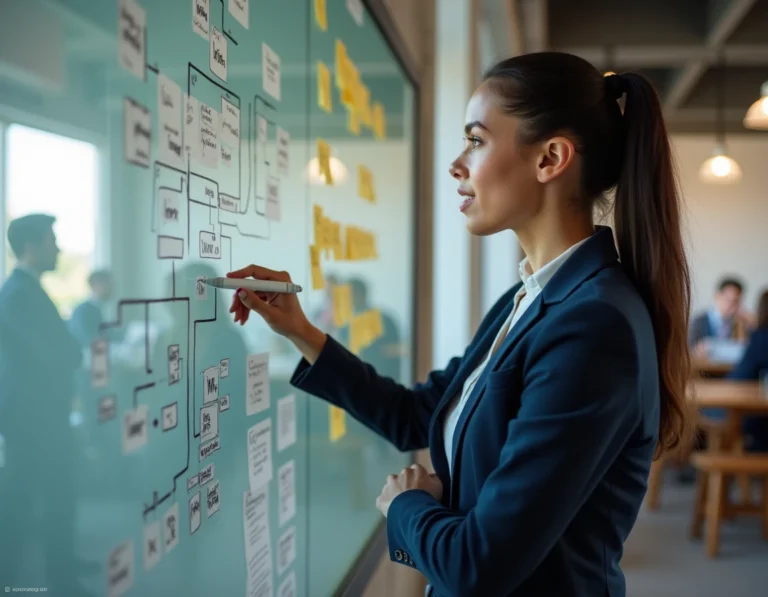 Femme manager analysant un diagramme de prise de décision sur un tableau blanc dans un bureau moderne
