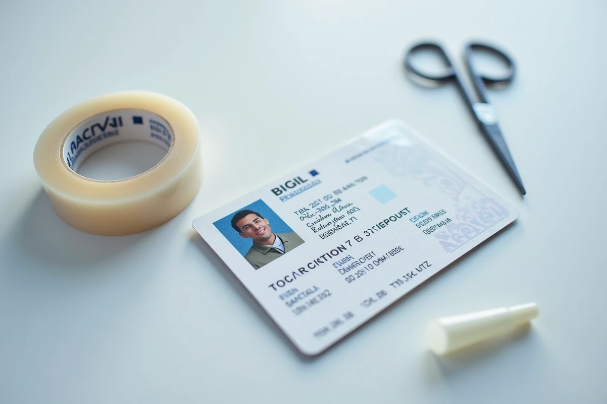 Vue à plat d'un permis de conduire avec du scotch et des accessoires pour le protéger