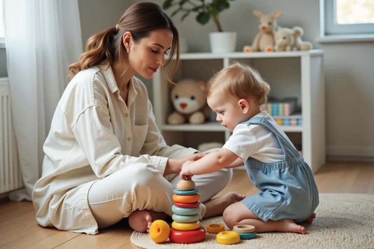 Mère assise sur le sol avec son enfant en bas âge explorant des jouets en bois colorés dans un salon scandinave chaleureux