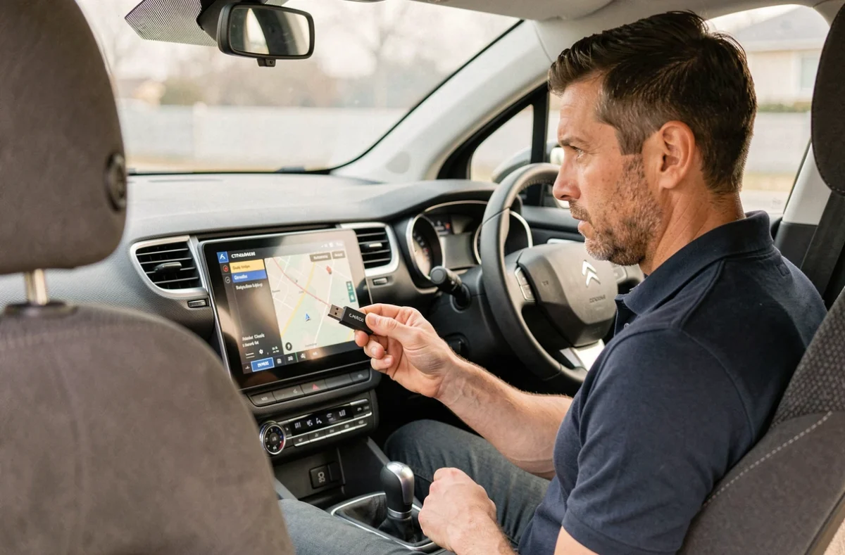 Homme insérant une clé USB dans le système de navigation d'une Citroën C4 pour effectuer une mise à jour GPS
