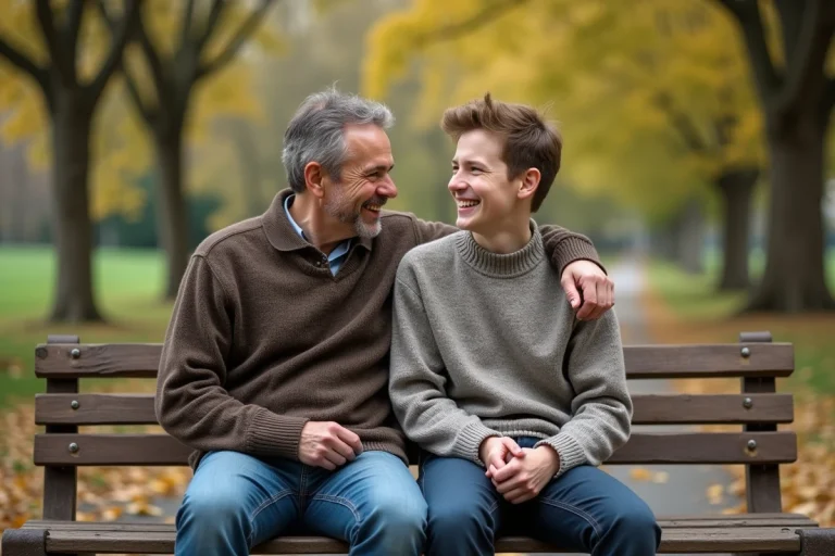 Père et fils rient ensemble sur un banc dans un parc