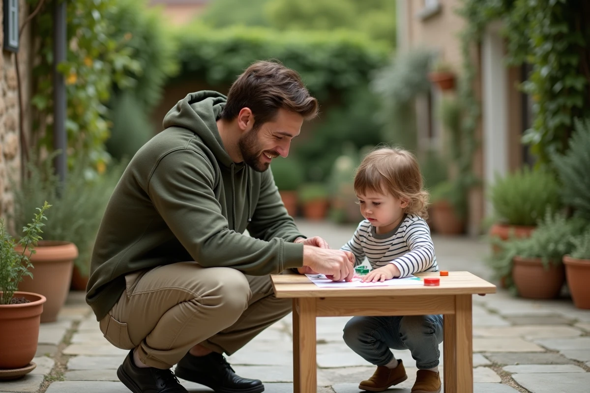 Père et enfant faisant de la peinture au doigt ensemble sur une terrasse en pierre entourée de plantes vertes