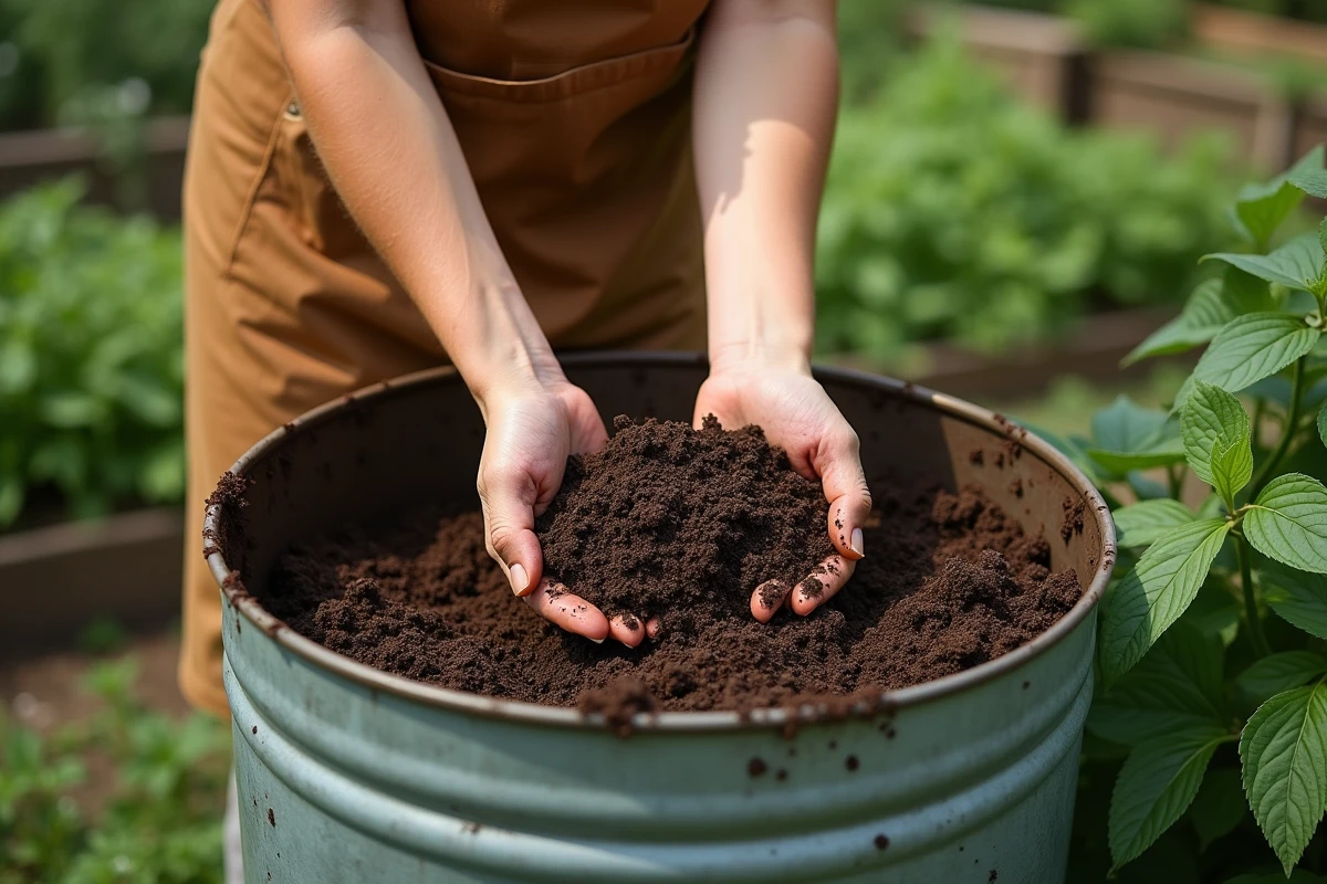 Gros plan sur des mains préparant du compost dans un bac métallique au milieu d'un potager estival