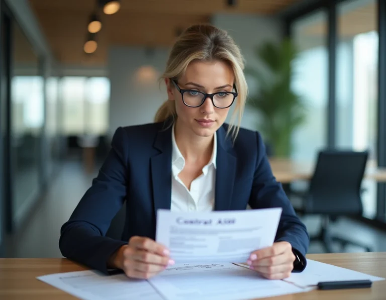 Une professionnelle en blazer marine examine attentivement un contrat A500 dans un bureau moderne