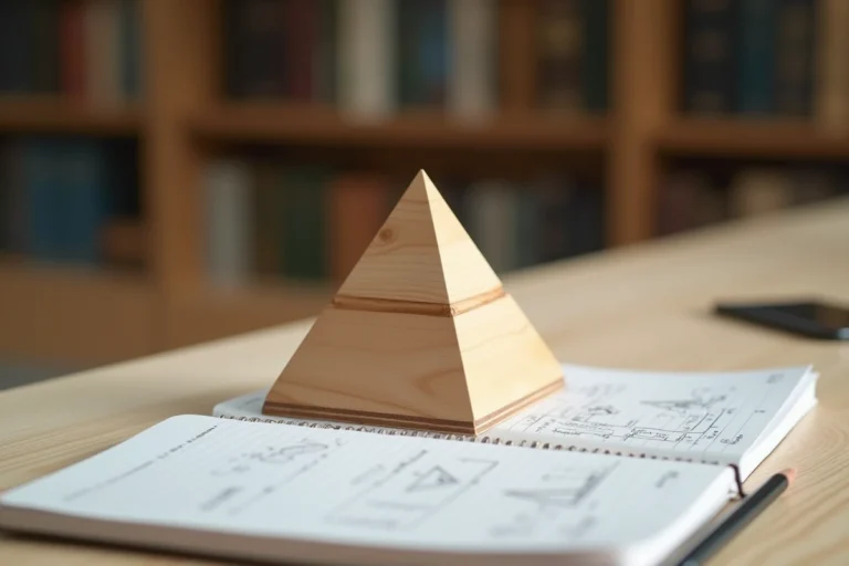 Modèle en bois d'une pyramide à base triangulaire posé sur un bureau avec des formules mathématiques manuscrites