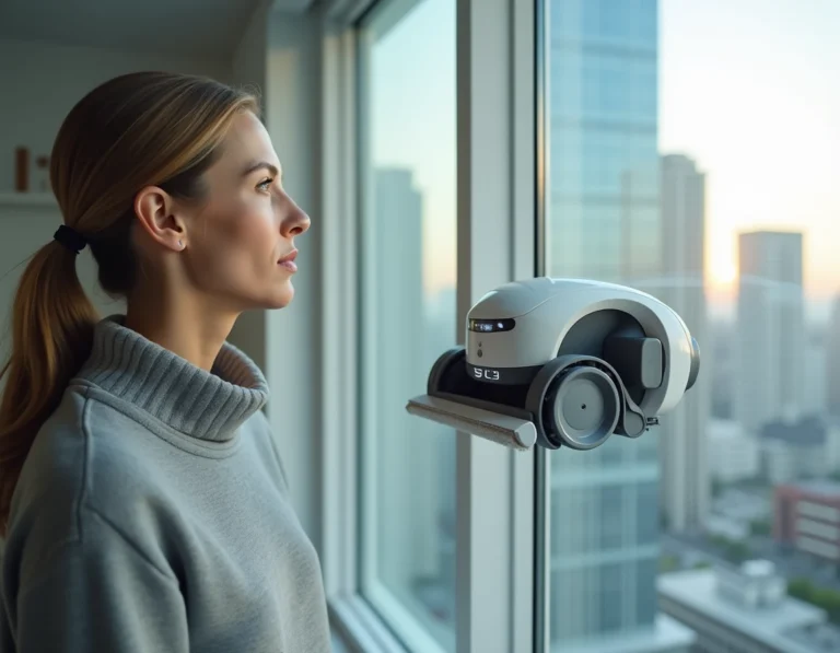 Robot lave-vitres fixé sur une grande fenêtre d'appartement moderne, observé par une femme d'une quarantaine d'années