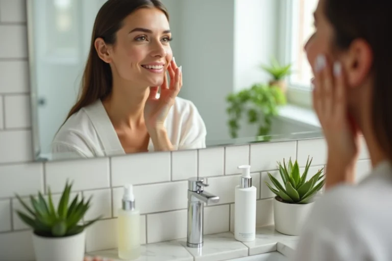 Femme appliquant sa crème hydratante devant un miroir de salle de bain dans sa routine beauté quotidienne