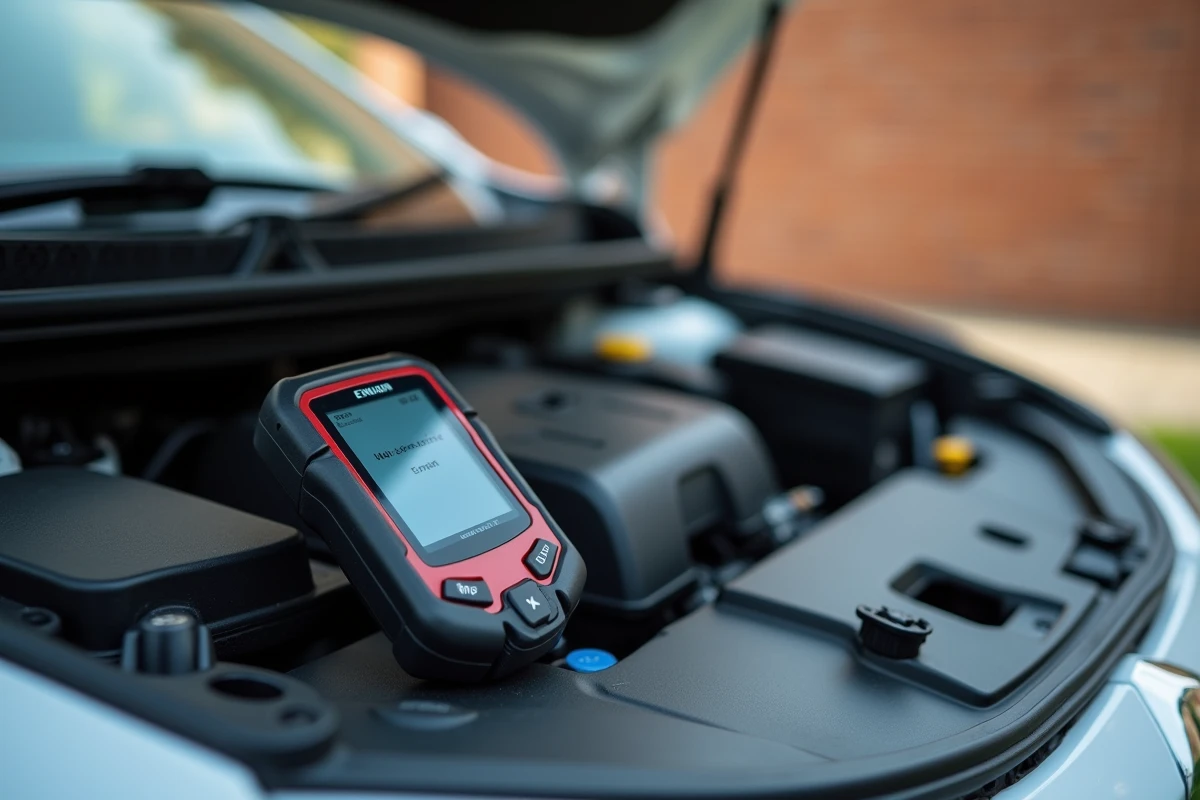 Scanner de diagnostic OBD-II affichant un code erreur DTC sur le moteur d'une Renault Megane dans une allée résidentielle