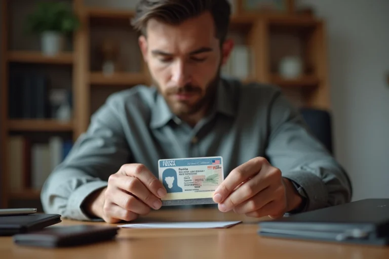 Homme appliquant du scotch transparent sur un permis de conduire posé sur un bureau en bois