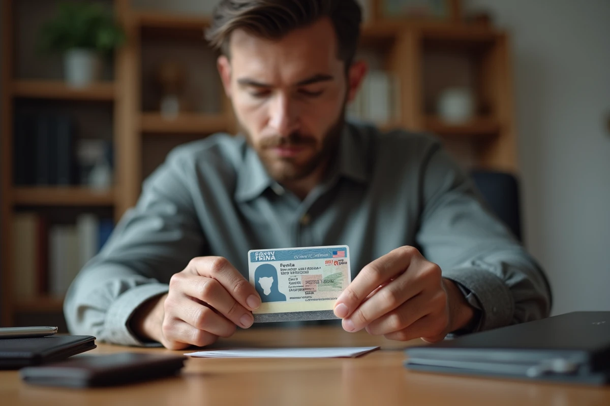 Homme appliquant du scotch transparent sur un permis de conduire posé sur un bureau en bois
