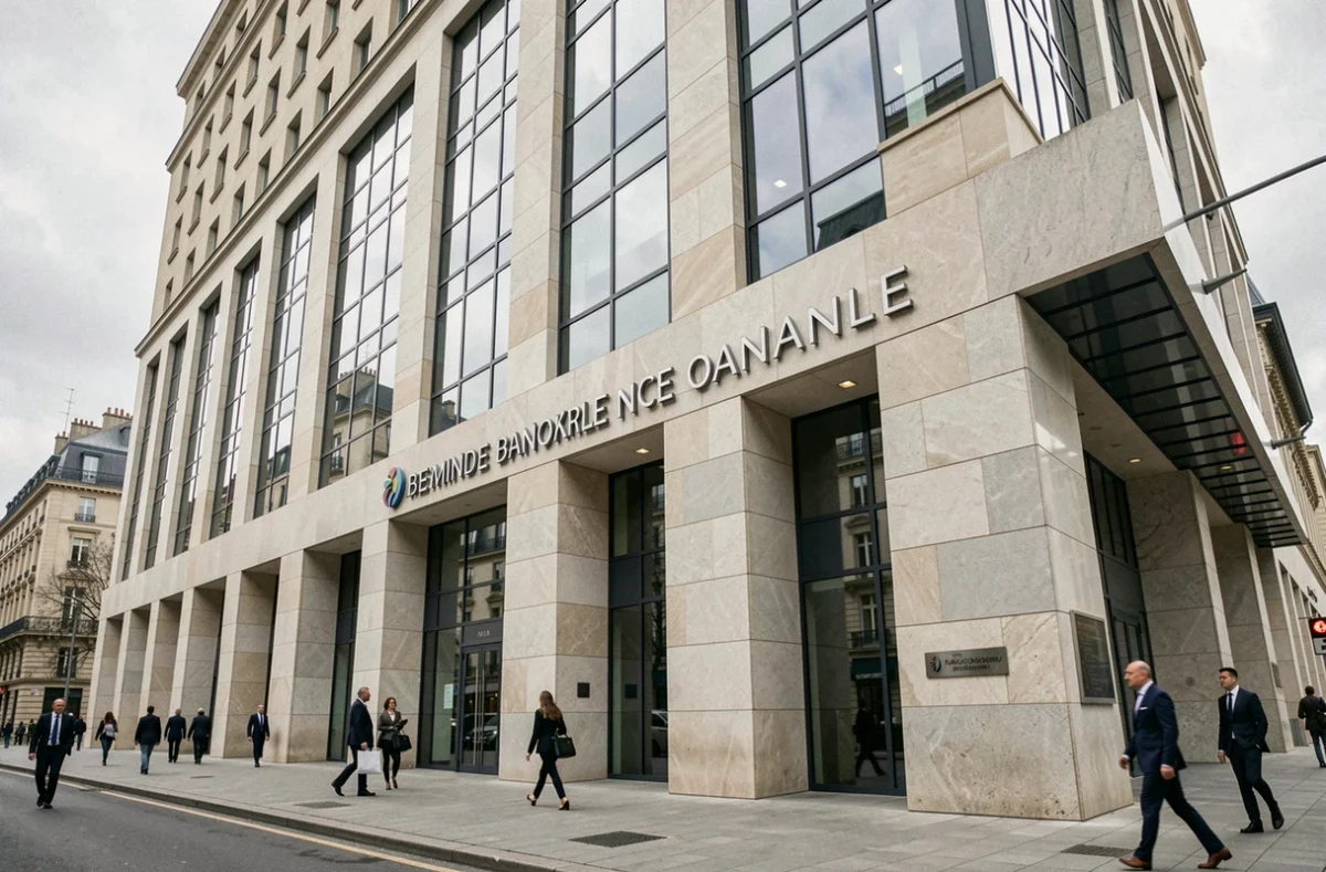 Façade du siège social d'une grande banque française représentant la structure de propriété de Boursobank appartenant à la Société Générale