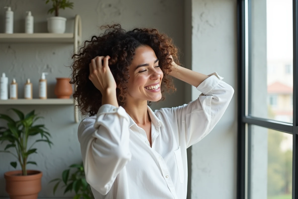 Femme prenant soin de ses cheveux devant une fenêtre dans un appartement moderne et épuré