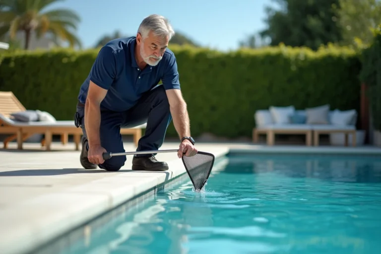 Technicien de piscine inspectant la surface de l'eau avec une épuisette après la présence de verre cassé dans la piscine