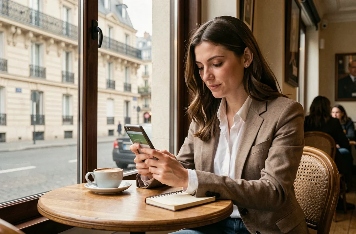 Femme utilisant l'application mobile Boursobank dans un café parisien, illustrant la banque en ligne détenue par la Société Générale