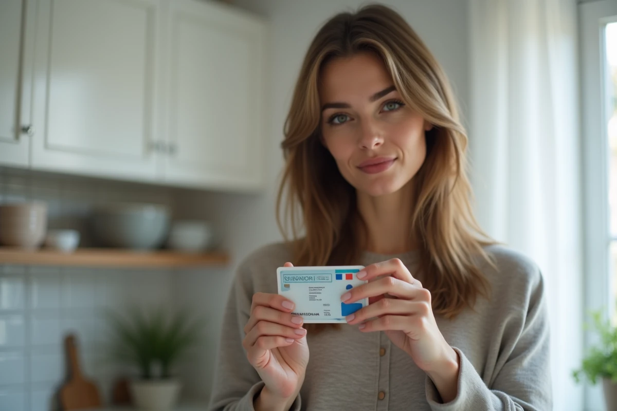 Femme inspectant le scotch appliqué sur son permis de conduire dans une cuisine moderne