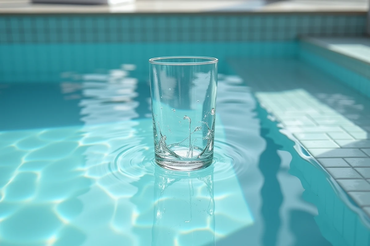 Fragments de verre cassé visibles au fond d'une piscine intérieure sous l'eau claire, danger pour les nageurs